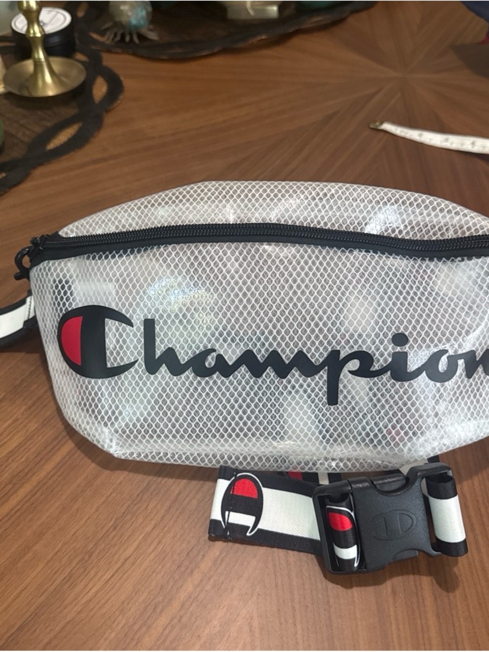 Vintage Champion White Mesh Logo Belt Bag with Black Script and Red Accent